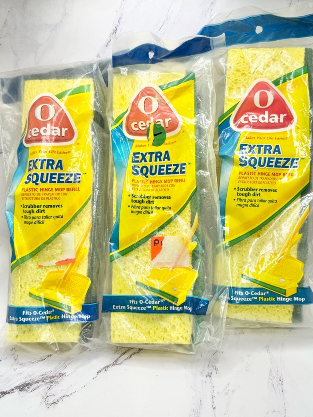 3 O-Cedar Extra Squeeze Sponge Mop Refill Yellow Green NOS 2007 Plastic Hinge